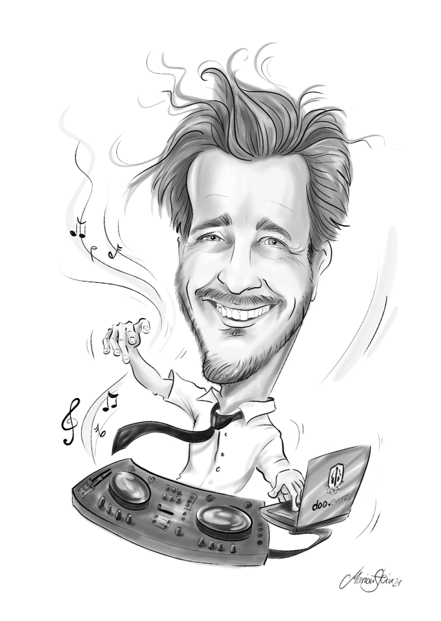 Eine Karikatur eines Hochzeits-DJs mit einem Set-up.