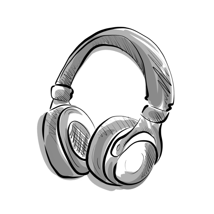 Eine Zeichnung von Kopfhörern auf dunklem Hintergrund.
