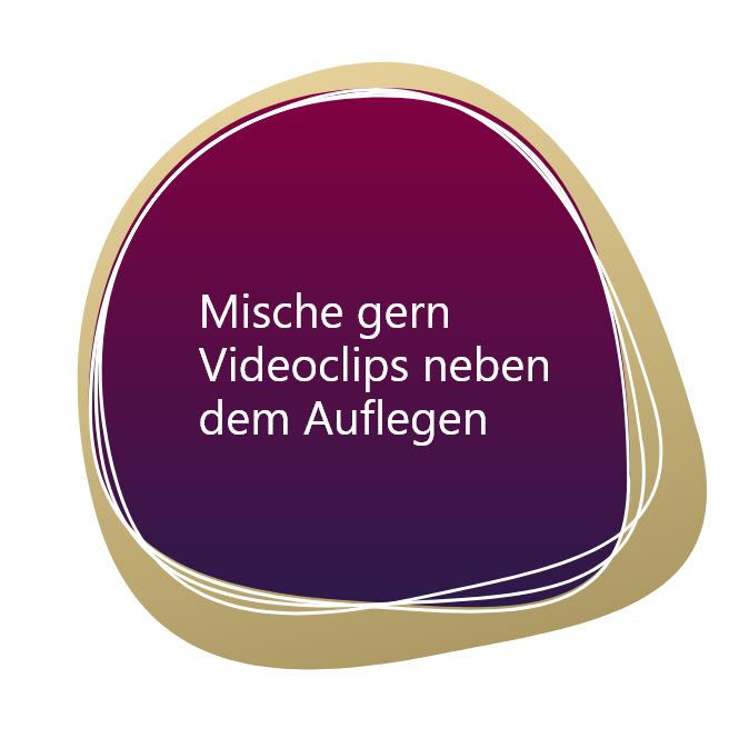 Ein violetter Kreis mit den Worten „misc gen videoclips ned dem augengen“, ideal für Hochzeits-DJ-Landshut-Events.