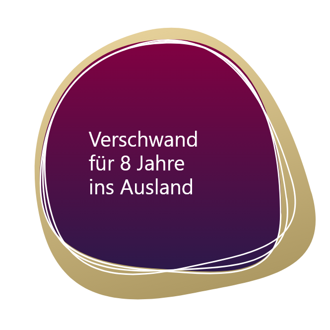 Ein lila Kreis mit der Aufschrift „verswand für 8 Jahre in Österreich“. DJ Hochzeit.