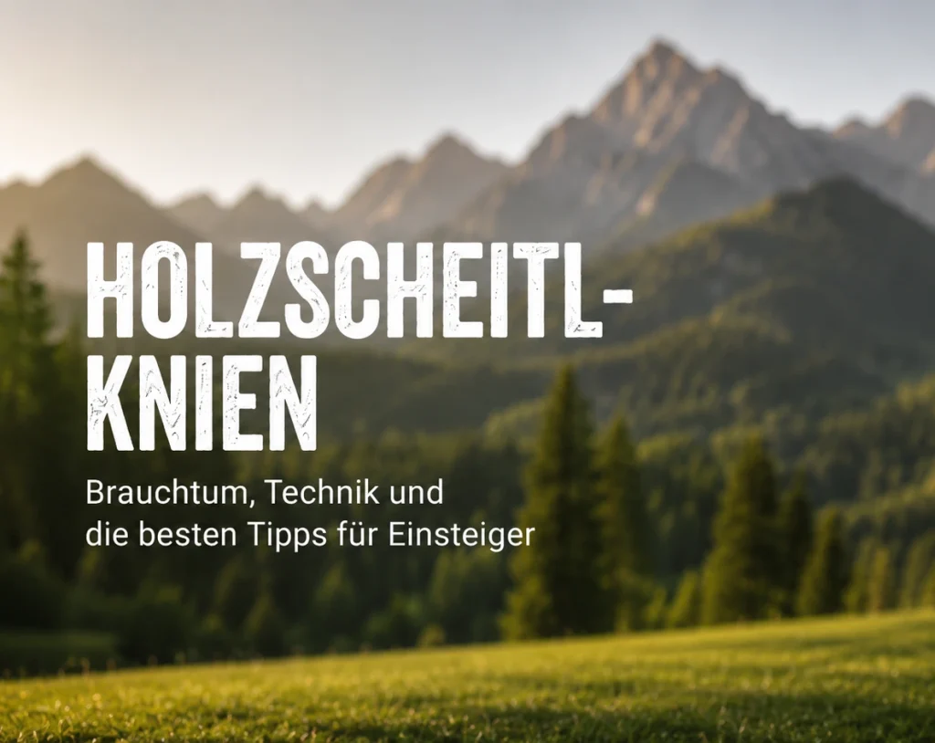 Unscharfer Wald- und Berghintergrund mit dem Titel Holzscheitlknien für einen Blogbeitrag über den bayerischen Hochzeitsbrauch.