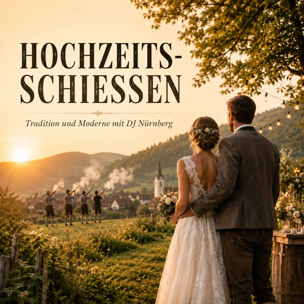 Brautpaar blickt bei Sonnenuntergang über eine fränkische Landschaft, während im Hintergrund das traditionelle Hochzeitsschießen stattfindet.