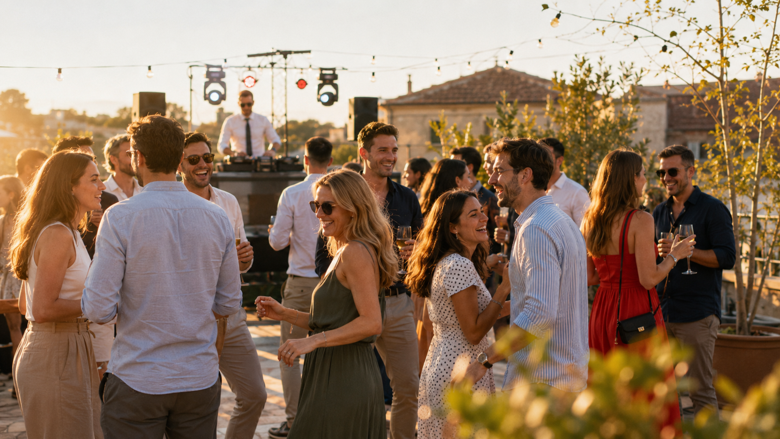 Gäste feiern bei einem sommerlichen Firmenevent im Freien, während ein DJ im weißen Hemd und mit schwarzer Krawatte im Hintergrund auflegt.