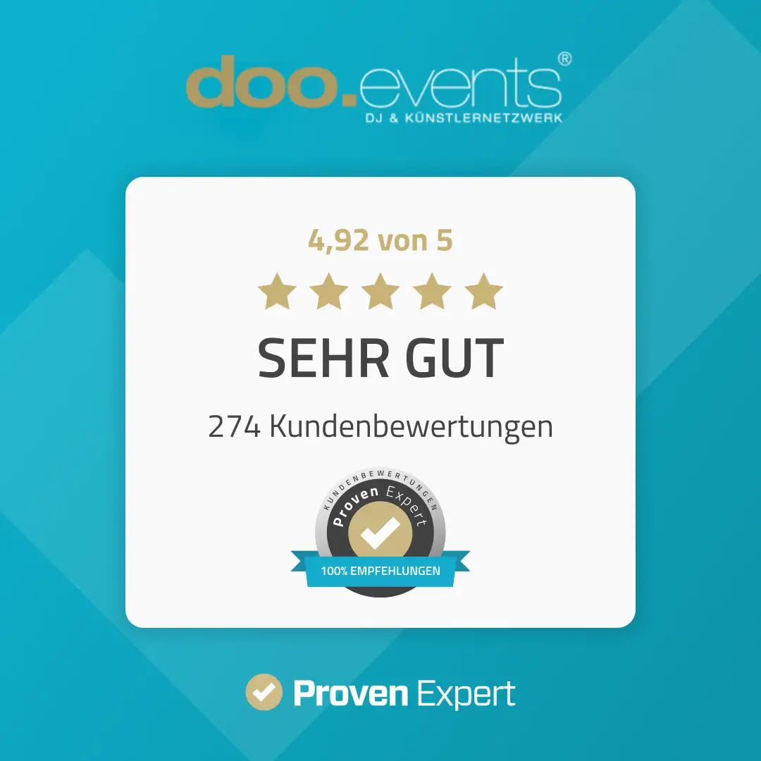 DooEvents Proven Expert Zertifikat auf blauem Hintergrund