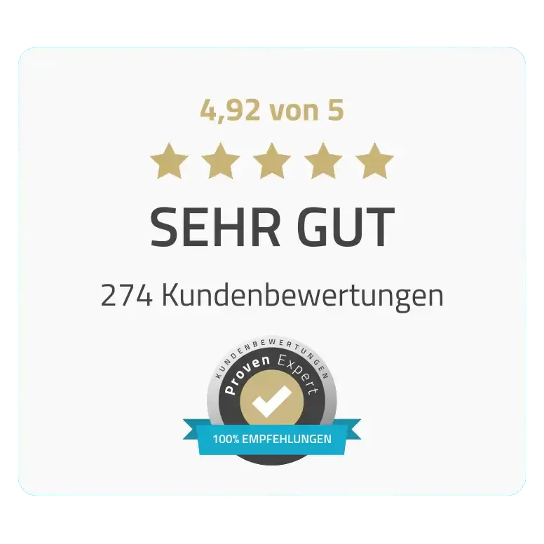 DooEvents Proven Expert Zertifikat auf blauem Hintergrund